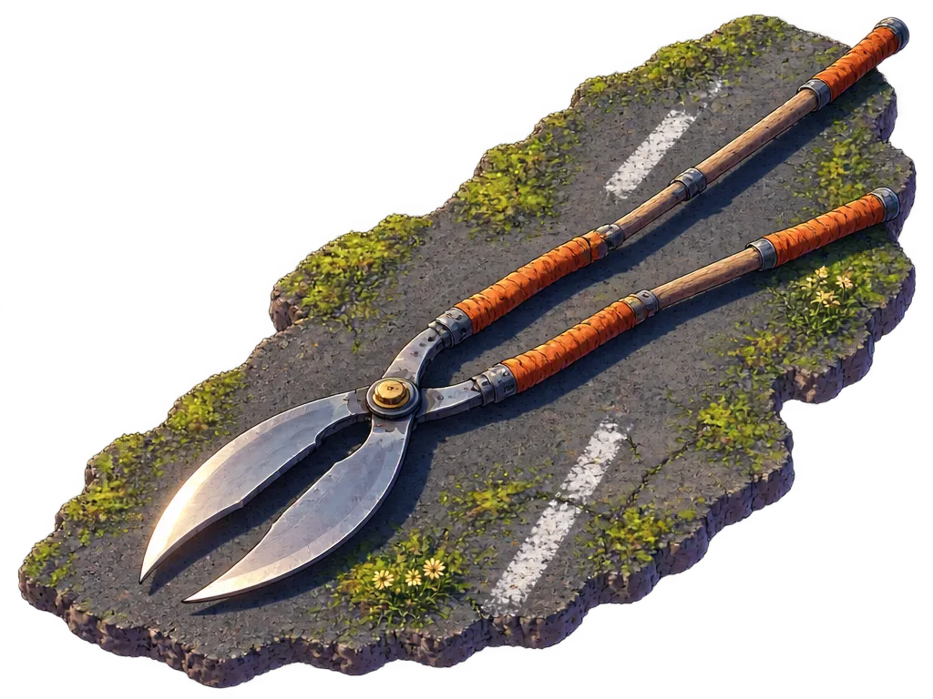 Glaive gunting Kestra dalam mode terbelah: dua bilah gunting kebun bergagang lilitan kain karat, tergeletak di atas lempeng aspal berlumut dengan marka putus-putus.